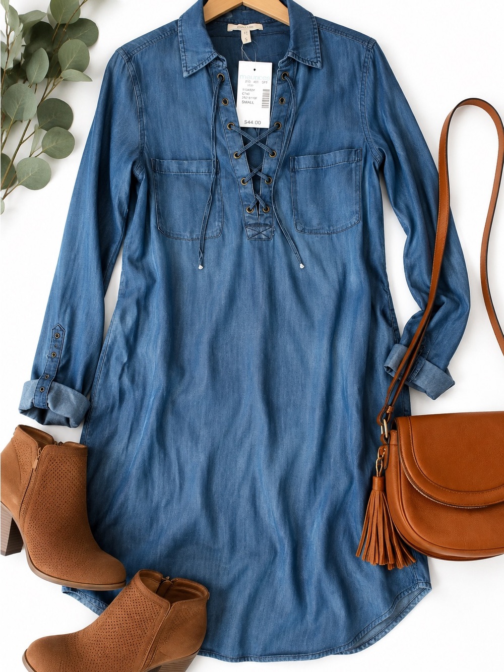 Maurices NWT Chambray Lace-Up Shirt Dress | Size Small | Long Sleeve